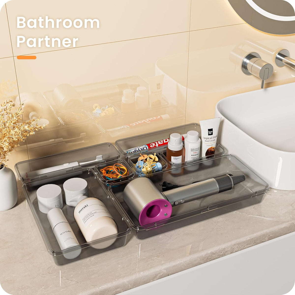 A-LuGei 【Military Grade】 Drawer Organizer,【𝟱𝗦𝗶𝘇𝗲】 Makeup organizer,【Holds 177 Items】 Bathroom Organizers and Storage,Organization and Storage,Desk Drawer Organizer for Vanity【Clear】
