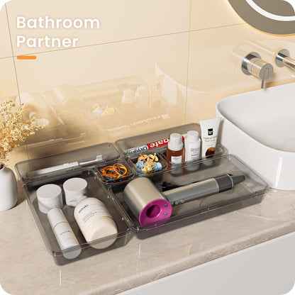 A-LuGei 【Military Grade】 Drawer Organizer,【𝟱𝗦𝗶𝘇𝗲】 Makeup organizer,【Holds 177 Items】 Bathroom Organizers and Storage,Organization and Storage,Desk Drawer Organizer for Vanity【Clear】
