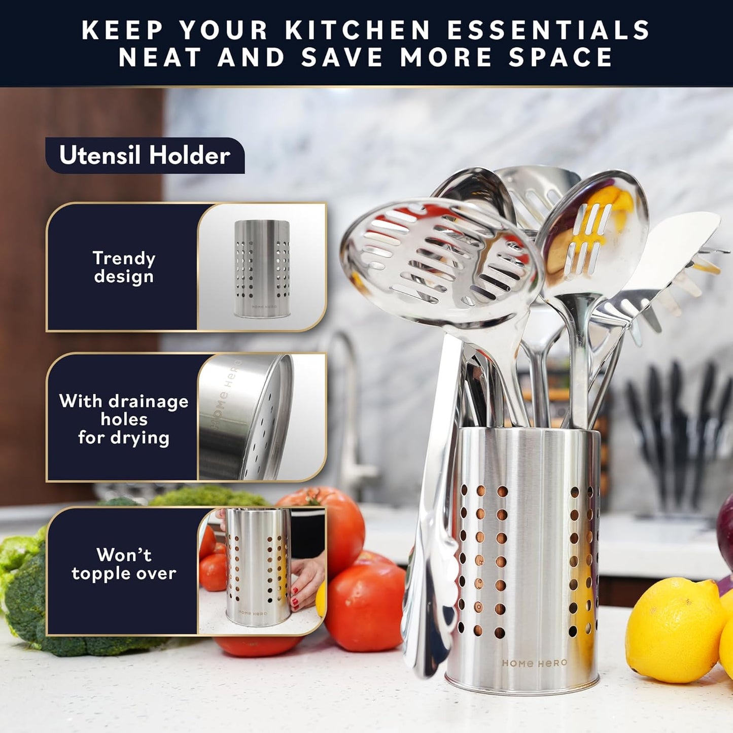 Home Hero Silicone Kitchen Utensils Set - Heat Resistant Non-Scratch Cooking Utensils - Ergonomic Silicone Spatula Set - Dishwasher Safe Kitchen Tools - 26 Piece, Stone