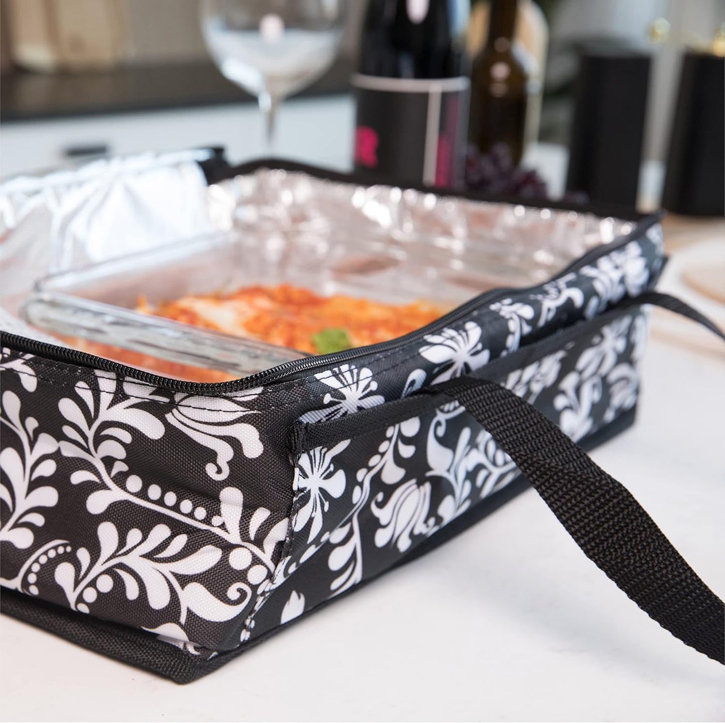 Dawhud Direct Insulated Casserole Carrier for Hot or Cold Food - Portable Casserole Dish Carrier with Handles - Black and White Design - 13 x 8 x 4 Inches Food Warmer Bag for Travel and Picnics
