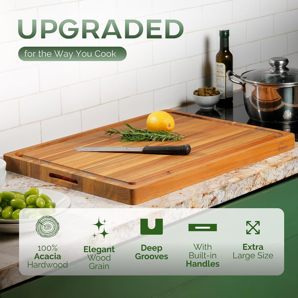 Solid Acacia Wood 20"x15" Large Cutting Board Butcher Block