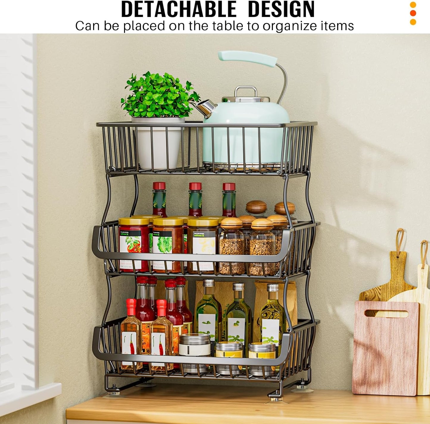 Gsiekare 3-Tier Rolling Pantry Organizer and Storage Cart with Wheels | Stackable wire pantry baskets for pantry shelves, fruit basket stand, easy to move, storage rack for food snack onion potato
