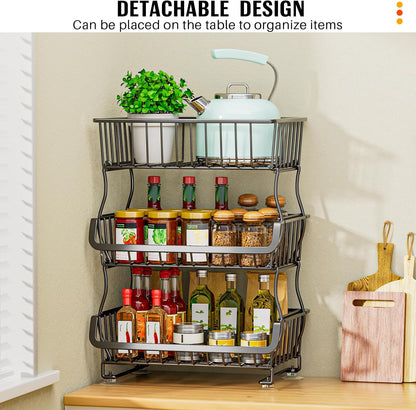 Gsiekare 3-Tier Rolling Pantry Organizer and Storage Cart with Wheels | Stackable wire pantry baskets for pantry shelves, fruit basket stand, easy to move, storage rack for food snack onion potato