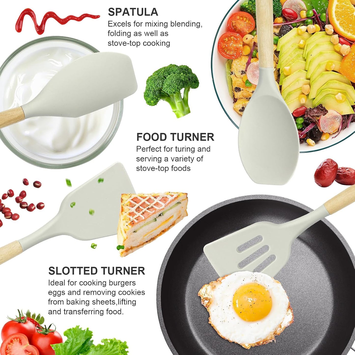 12 pcs Silicone Cooking Utensils Kitchen Utensil Set with Holder Heat Resistant Silicone Spatula Turner Set Wooden Spoons Kitchen Gadgets Tools Cooking Utensils for Nonstick Cookware (White)