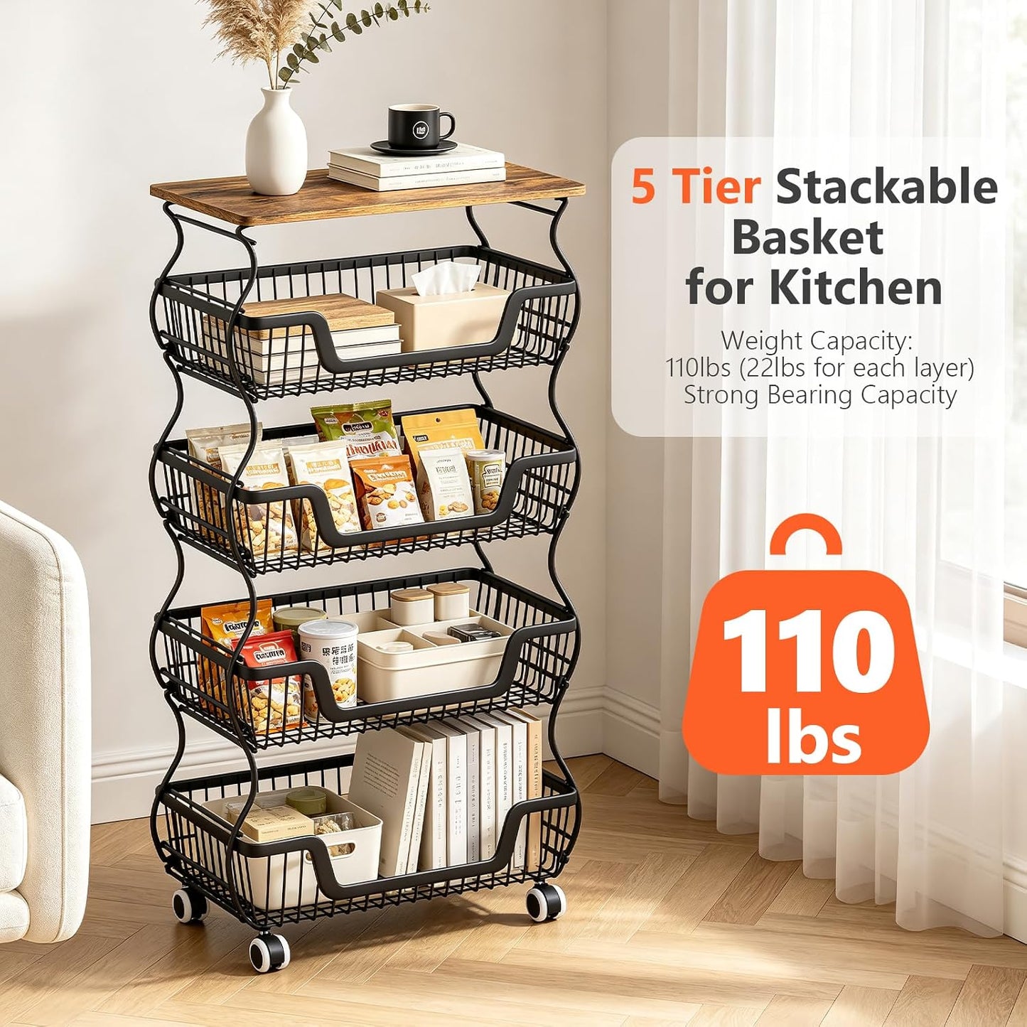 2 Pack 3-Tier Rolling Kitchen Storage Cart Fruit Basket Stand for Vegetables & Snacks Stackable Wire Pantry Floor Organizer with Wheels for Kitchen, Living Room, Bedroom, Office (Black)