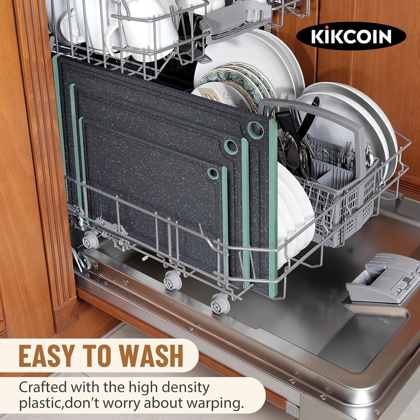 Kikcoin Plastic Cutting Boards for Kitchen, 3-Piece Large Cutting Board Set Dishwasher Safe Chopping Boards with Non-slip Feet and Juice Grooves, Gray