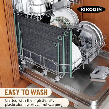 Kikcoin Plastic Cutting Boards for Kitchen, 3-Piece Large Cutting Board Set Dishwasher Safe Chopping Boards with Non-slip Feet and Juice Grooves, Gray