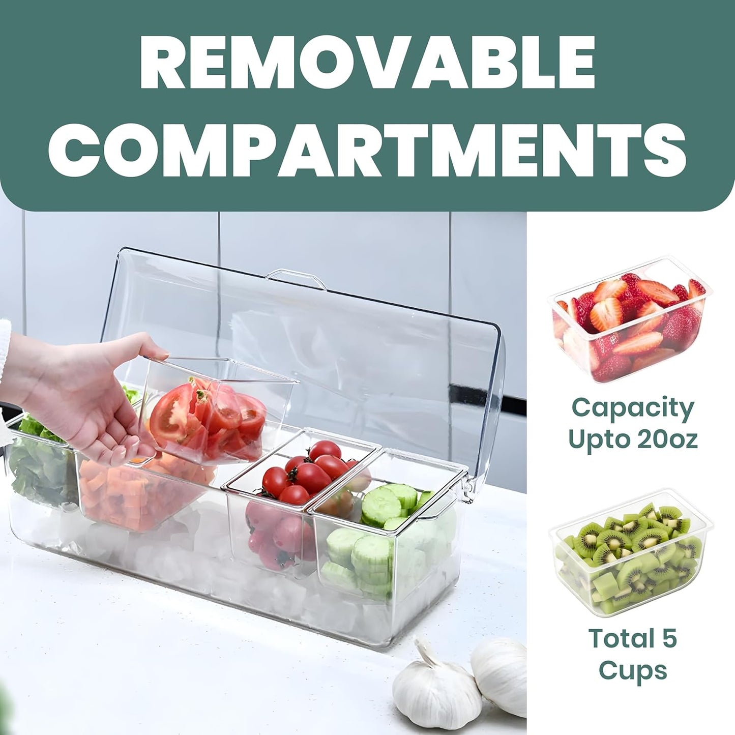 𝐋𝐚𝐫𝐠𝐞 Ice Chilled Condiment Server Caddy with 5 Removable Compartments (2.5 Cup), Clear Garnish Tray with Lids – Fruit, Salad, Taco, Bar Platter – Free Stainless Steel Accesories