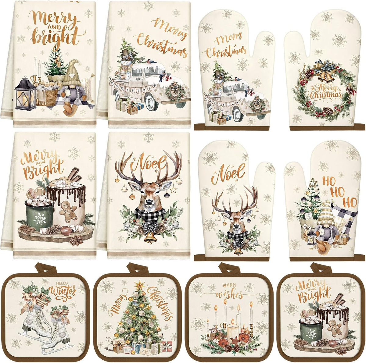 SiliFine 12 Pcs Fall Pumpkin Kitchen Towels Oven Mitts Pot Holders Set