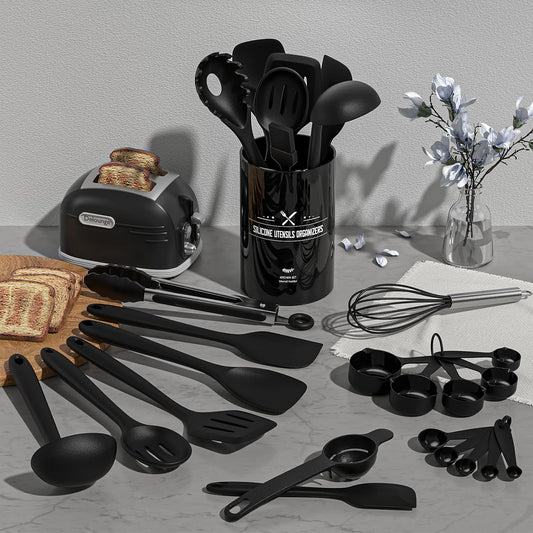 Umite Chef 22-Piece Silicone Cooking Utensils Set，Heat Resistant & Dishwasher Safe Kitchen Tools, Black Non-Scratch Spatula Set for Nonstick Cookware (Khaki)