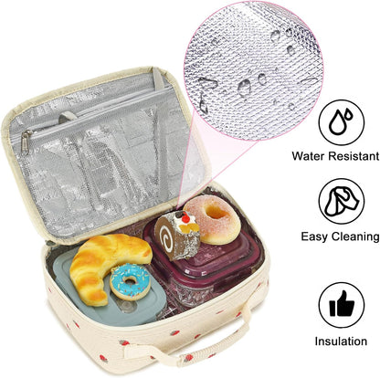 Bluboon Insulated Lunch Bag for Girls & Boys, Corduroy School Lunch Box with Cooler & Organizer Compartments, Leak-Proof Lunch Tote for School, Travel (Corduroy Strawberries Beige)