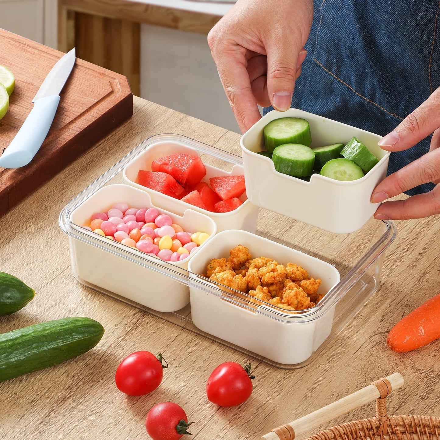 Snackle Box Container, 8 Compartment Divided Serving Tray with Lid and Handle, Snack Box Container for Candy, Fruit and Snacks, Great for Gatherings, Outings, Parties and Entertaining（Pink）