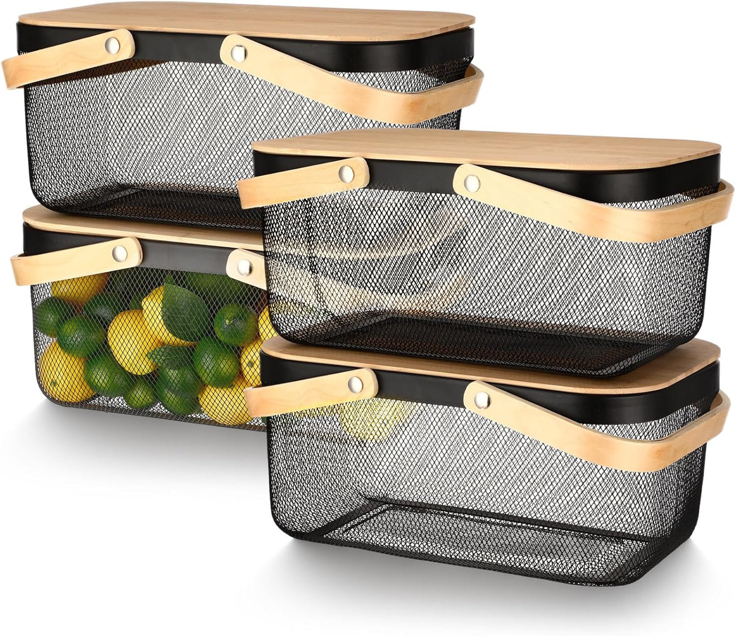 Jingmore 4 Pcs Metal Mesh Baskets with Lid, Stackable for Storage, Prevents Fruit Flies for Vegetable Fruit Kitchen Cabinet Picking Gathering Pantry Harvest Garden(16 Inch,Black)