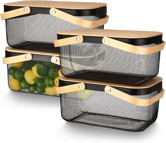 Jingmore 4 Pcs Metal Mesh Baskets with Lid, Stackable for Storage, Prevents Fruit Flies for Vegetable Fruit Kitchen Cabinet Picking Gathering Pantry Harvest Garden(16 Inch,Black)