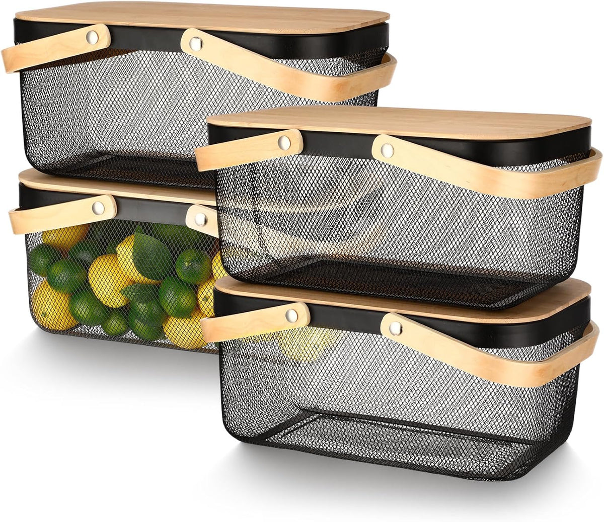 Jingmore 4 Pcs Metal Mesh Baskets with Lid, Stackable for Storage, Prevents Fruit Flies for Vegetable Fruit Kitchen Cabinet Picking Gathering Pantry Harvest Garden(16 Inch,Black)