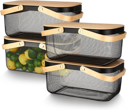 Jingmore 4 Pcs Metal Mesh Baskets with Lid, Stackable for Storage, Prevents Fruit Flies for Vegetable Fruit Kitchen Cabinet Picking Gathering Pantry Harvest Garden(16 Inch,Black)