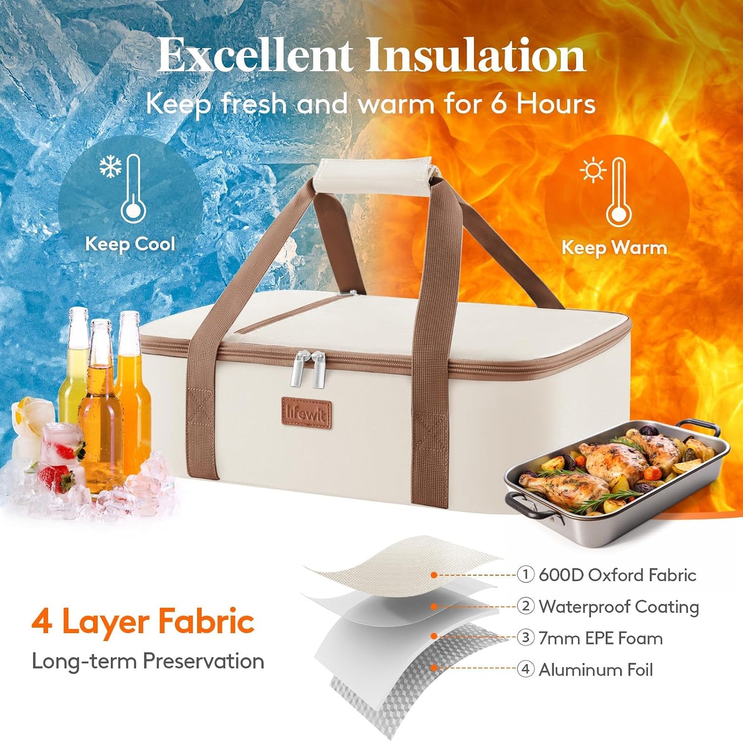 Lifewit Insulated Double Decker Casserole Carrier for Hot or Cold Food, Casserole Dish Carrying Case, Lasagna Holder for Potluck Parties, Picnic and Cookouts, Fits 9"x13" Baking Dish, Grey