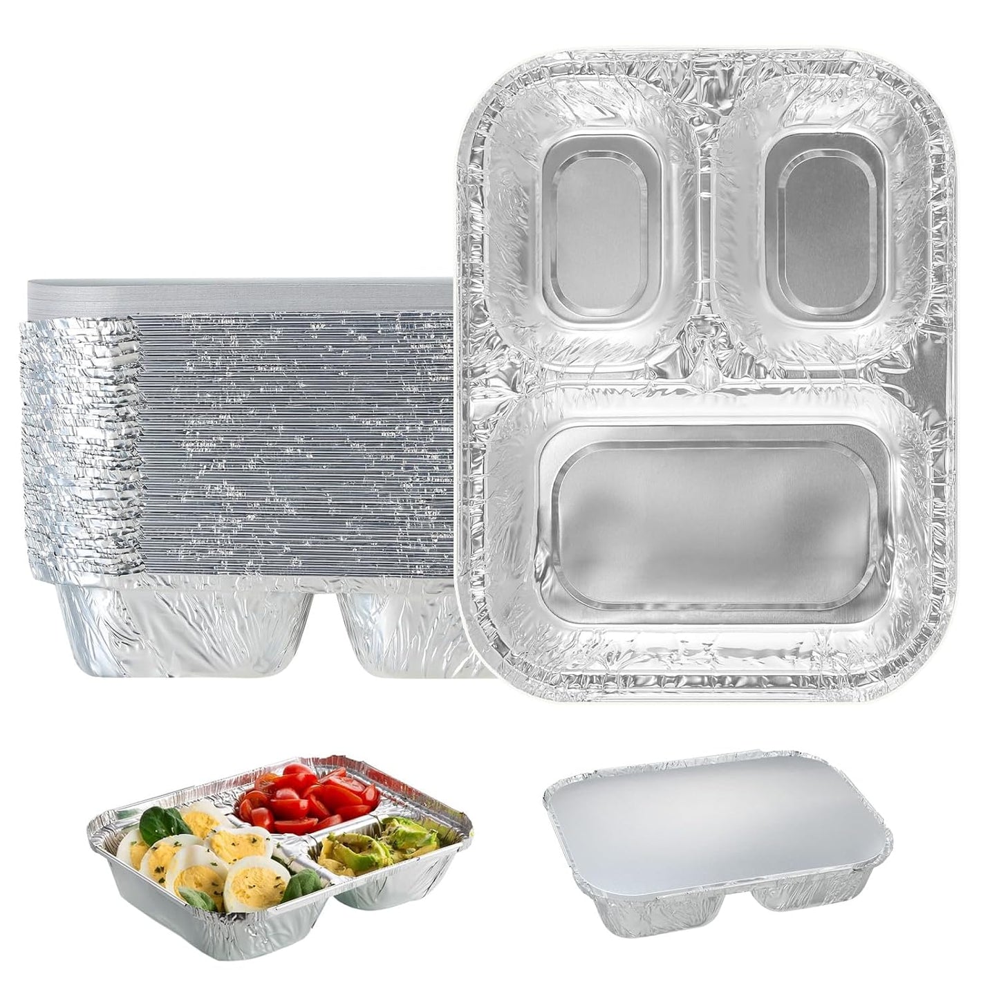 3 Compartment Aluminum Foil Takeout Trays with Paper Lids, 50 Pack – Disposable Divided Meal Prep Containers for Full Meals, Portion Control & Takeout, 820ml / 28oz, 8” × 6” × 1.5”