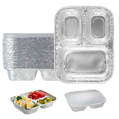 3 Compartment Aluminum Foil Takeout Trays with Paper Lids, 50 Pack – Disposable Divided Meal Prep Containers for Full Meals, Portion Control & Takeout, 820ml / 28oz, 8” × 6” × 1.5”