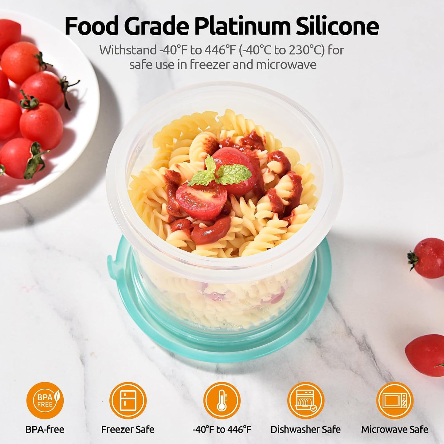 U-Taste Silicone Food Storage Containers Set: Meal Prep Box with Airtight Lid, Freezer & Microwave Safe, Date Marking Circle, Clear cup/oz/ml Measurement for Dry & Wet Deli -2oz/4oz/8oz/16oz, Aqua Sky