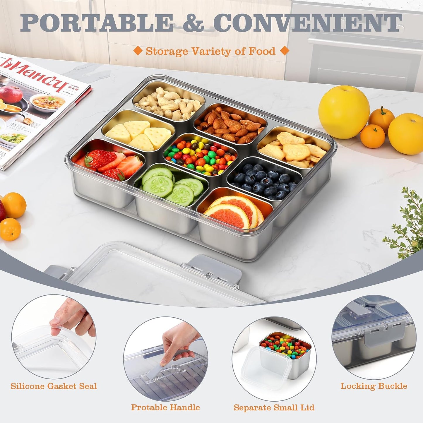 Snackle Box Container, Stainless Steel Snack Containers for Adults, 9 Compartments Divided Serving Tray with Lids and Handle, Portable Snack Platter for Parties, Grey