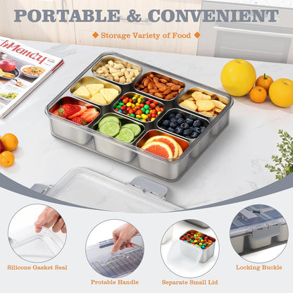 Snackle Box Container, Stainless Steel Snack Containers for Adults, 9 Compartments Divided Serving Tray with Lids and Handle, Portable Snack Platter for Parties, Grey