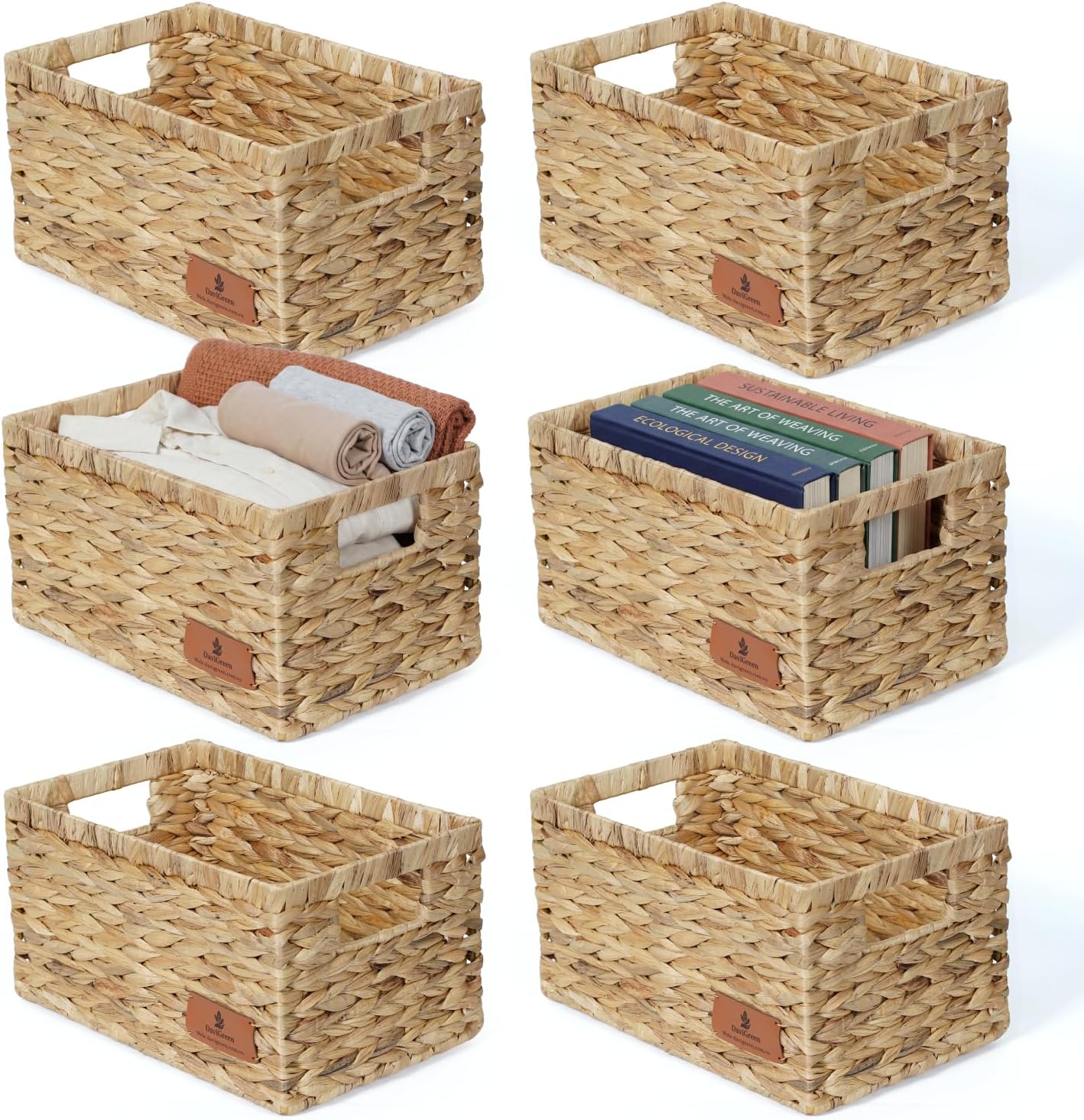 Water Hyacinth Storage Baskets Set of 2 with Handles, Rectangular Storage Baskets for Shelves, Open-Top Wicker Shelf Baskets for Closet, Bathroom, Pantry & Home Organization