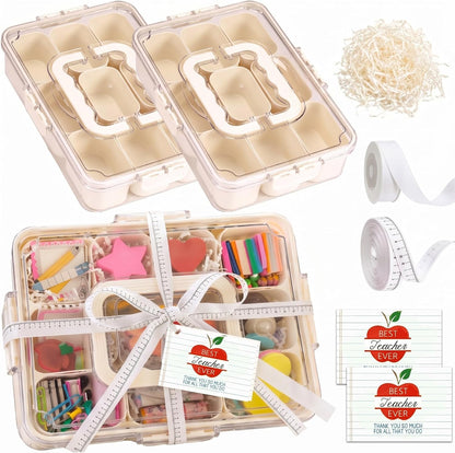 Qunclay 2 Set Teachers Appreciation Gift Boxes Container Divided Serving Tray with Lid and Handle Snack Organizer with Apple Cards and Ribbon for National Teacher Week Appreciation End of Year Gifts