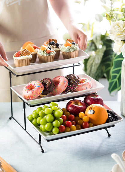 LYEOBOH 3 Tier Serving Bowls Set Tiered Serving Stand, Porcelain Oval Bowls with Collapsible Metal Stand for Entertaining, Party, Dessert Display, Candy, Chip and Dip (Gold)-45oz / 17.5oz / 7oz