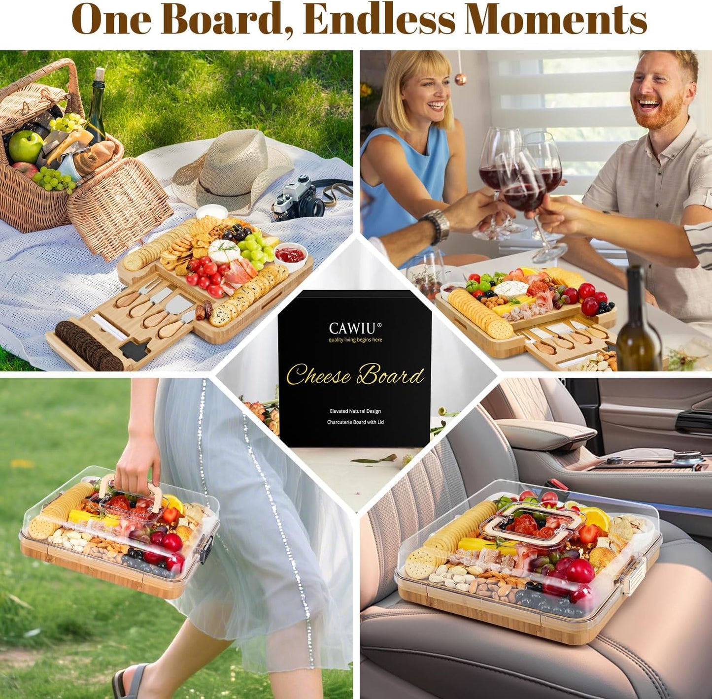 Premium Charcuterie Board with Lid – Bamboo Cheese Board Set with Utensils, Drawer & Fruit Tray – House Warming Gifts New Home, Wedding, Birthday, Bridal Shower (Black)