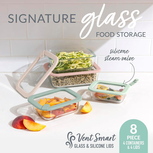 Bentgo Signature Leak-Proof Glass Food Storage - 8-Piece Set, 1-Compartment Plastic-Free Containers with Airtight Glass Lids, BPA-Free, Microwave, Freezer, Oven & Dishwasher Safe (White Stone)