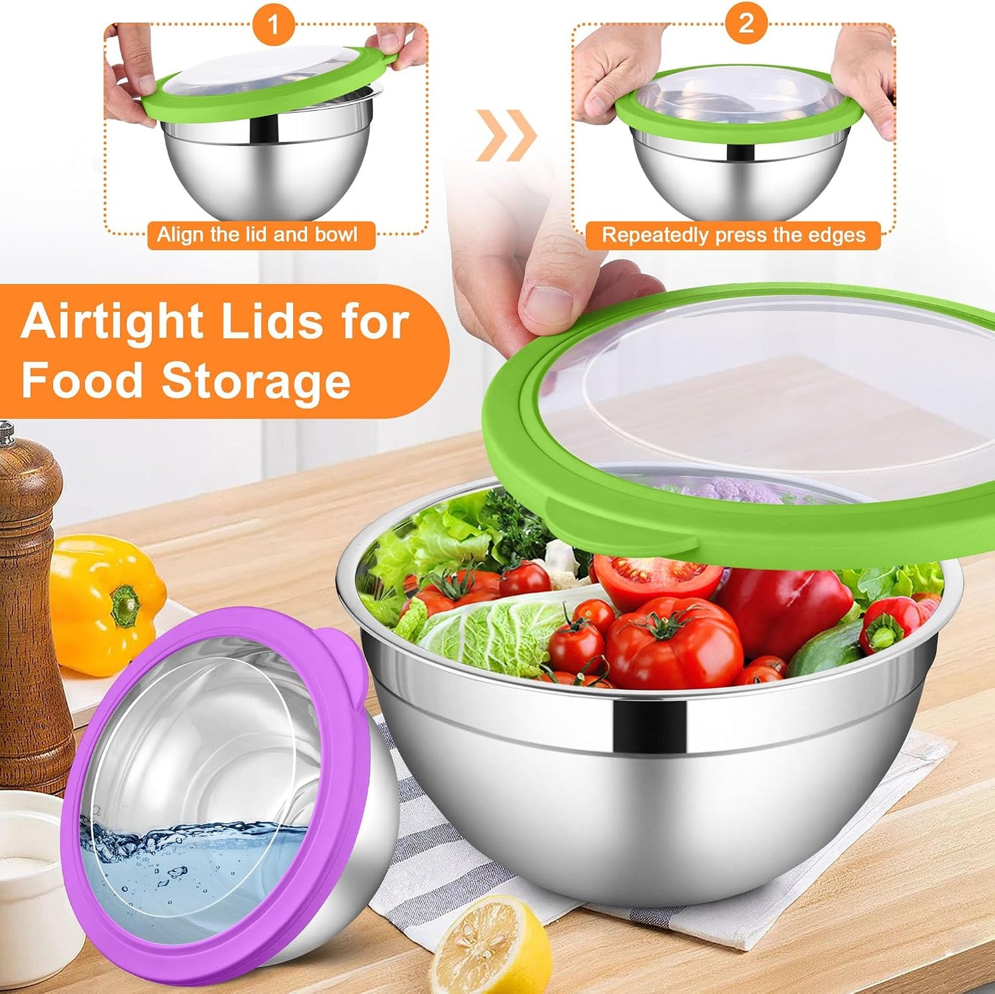LIANYU Stainless Steel Mixing Bowls Sets of 6, Large 7, 3.5, 2.5, 2, 1.5, 1QT Size with Transparent Airtight Lids, Metal Nesting Serving Bowl Sets for Home Kitchen, Dishwasher & Freezer Safe, Black