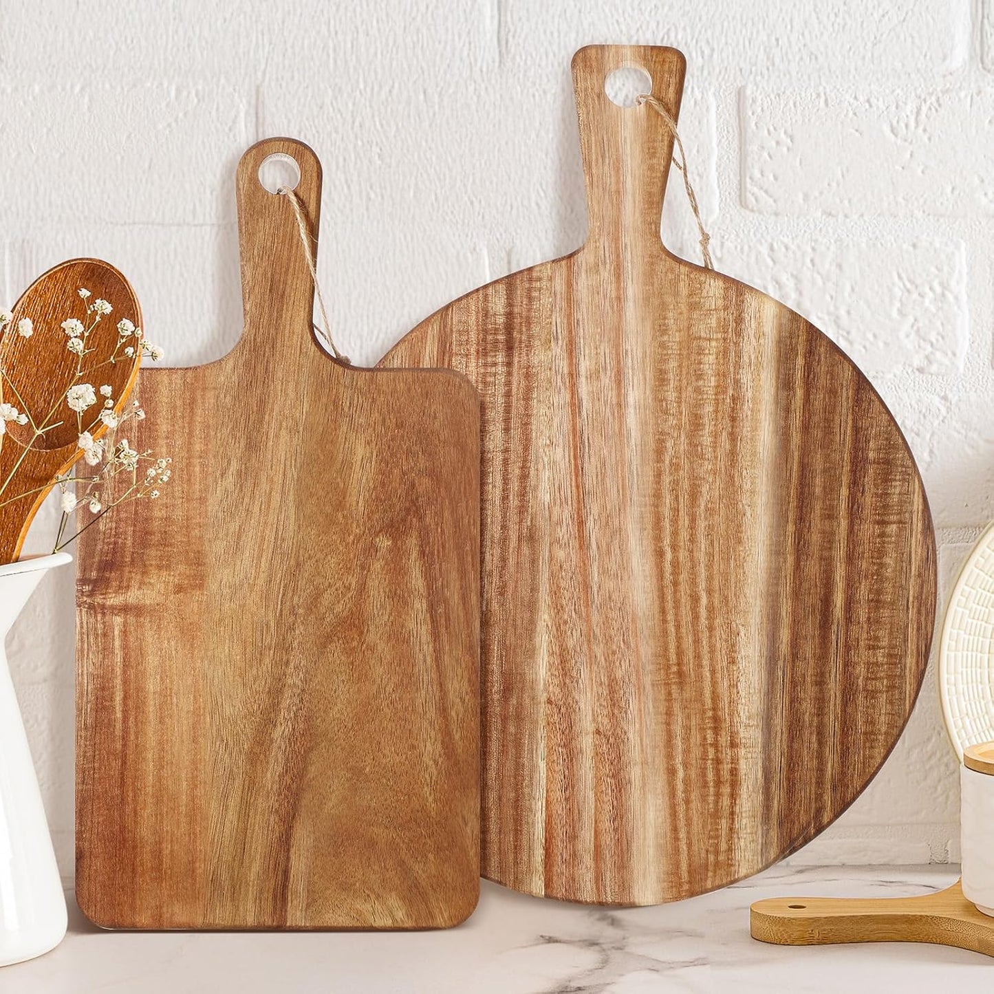 Hsei 2 Pcs Acacia Wood Cutting Board with Handle Wooden Charcuterie Board Large Paddle Carving Chopping Set Butter Serving Tray for Cheese Meat Fruit Pizza Bread(Vintage Style, 16x12, 17x13 Inch)