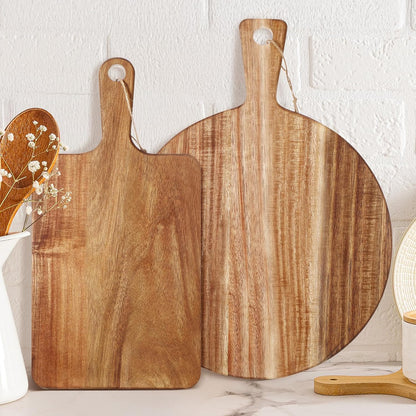 Hsei 2 Pcs Acacia Wood Cutting Board with Handle Wooden Charcuterie Board Large Paddle Carving Chopping Set Butter Serving Tray for Cheese Meat Fruit Pizza Bread(Vintage Style, 16x12, 17x13 Inch)