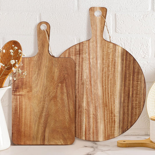 Hsei 2 Pcs Acacia Wood Cutting Board with Handle Wooden Charcuterie Board Large Paddle Carving Chopping Set Butter Serving Tray for Cheese Meat Fruit Pizza Bread(Vintage Style, 16x12, 17x13 Inch)