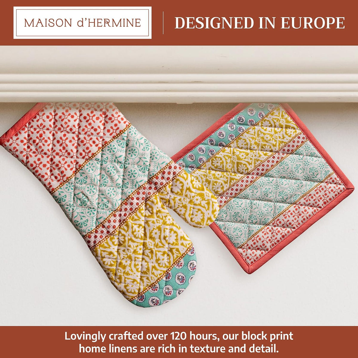 Maison d' Hermine 100% Cotton Oven Mitt & Pot Holder Set (7.5"x13" & 8"x8") - Colors C