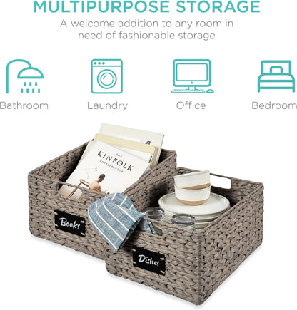 Best Choice Products Set of 4 9x12in Water Hyacinth Pantry Baskets, Woven Organizers w/Chalkboard Label, Chalk Marker - Natural