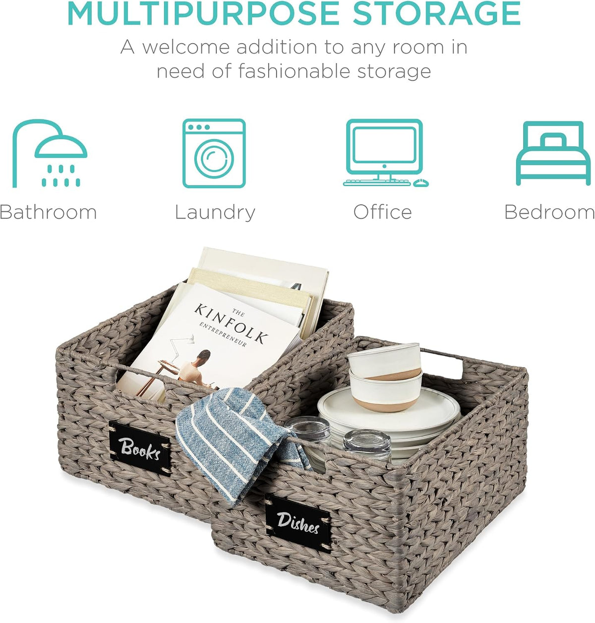 Best Choice Products Set of 4 9x12in Water Hyacinth Pantry Baskets, Woven Organizers w/Chalkboard Label, Chalk Marker - Natural