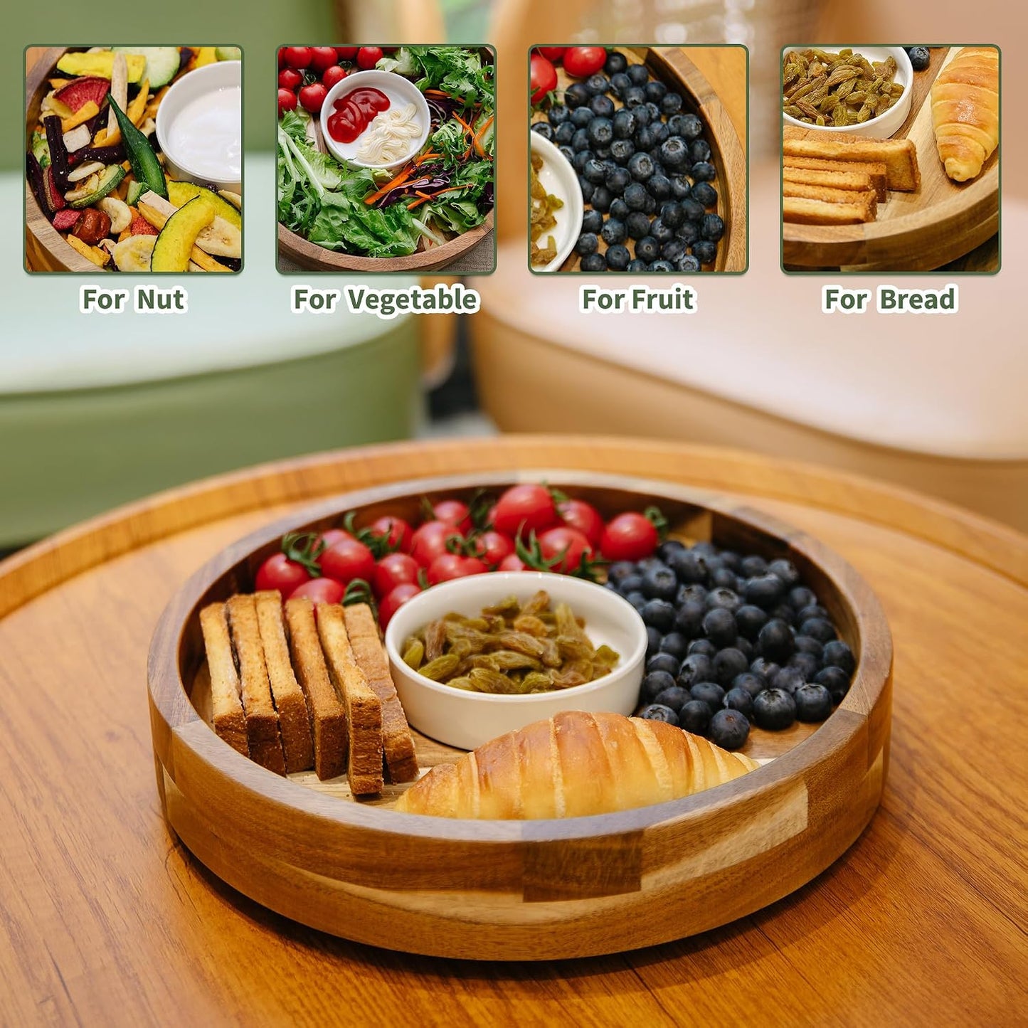 Defined Deco12in Serving Tray and Platters, Acacia Wood chip & dip Sets for Party, 360° Rotatable Serving Dishes for Chips and Dip, Fruit,Veggies, Candy and Snack, (Including 2X Dip Bowls, 1 Spoon)
