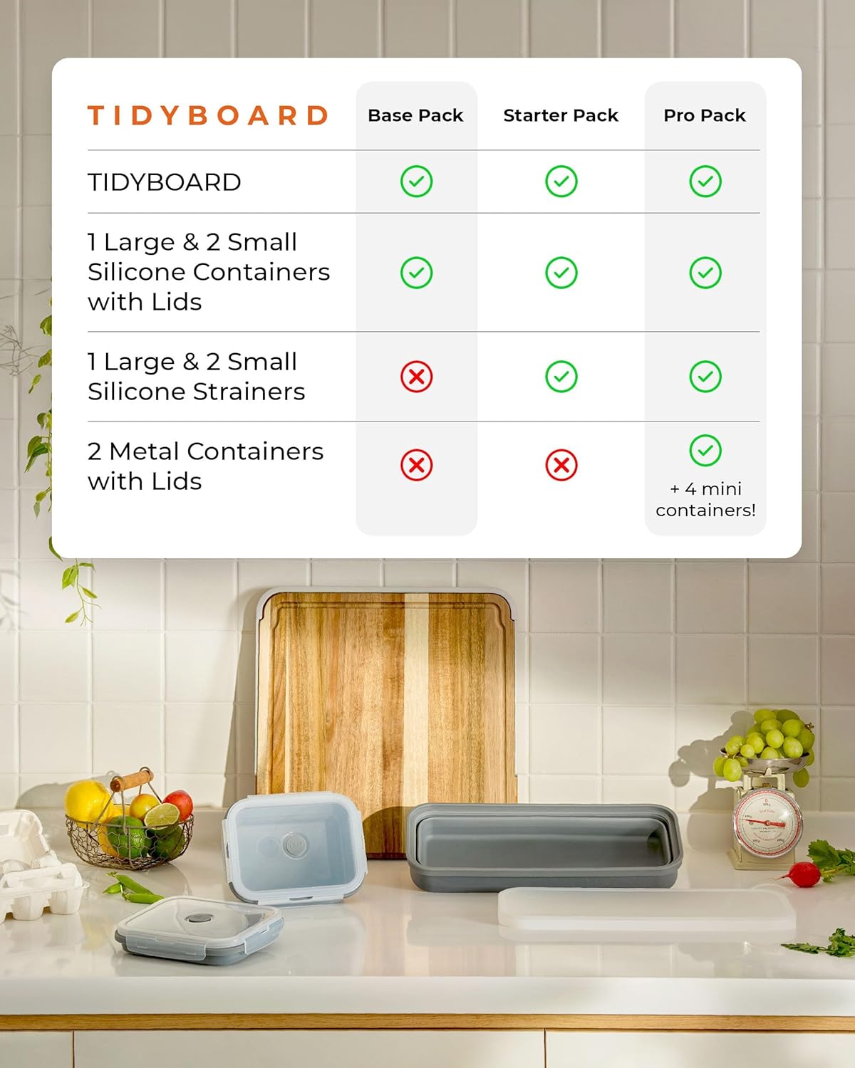 TidyBoard Meal Prep Cutting Board with Containers - Acacia Wood Cutting Board with Silicone Containers and Lids - Meal Prep Station - Over-the-Sink Chopping Board (Base Pack, Grey)