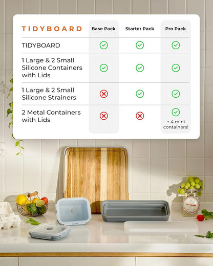 TidyBoard Meal Prep Cutting Board with Containers - Acacia Wood Cutting Board with Silicone Containers and Lids - Meal Prep Station - Over-the-Sink Chopping Board (Base Pack, Grey)