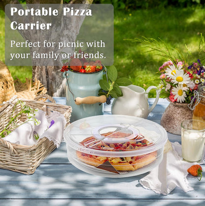 BSTKEY 12 inch Round Pizza Keeper, Food Storage Container with Lid and Handle, Pizza Dough Tray Fits 2-4 Dough Balls, Clear Plastic Food Storage Carrier for Cheese Cake Cupcakes Pies Pastries Fruit