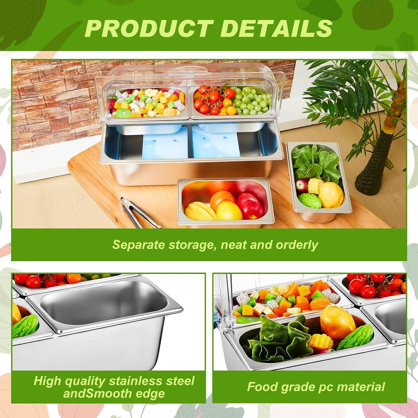 Condiment Tray Stainless Steel Serving Display Set with Lid for Buffet Restaurant Kitchen, Food Chilled Container for Salad Fruit Condiments, Keeps Food Fresh with Ice Box(6 Compartments)