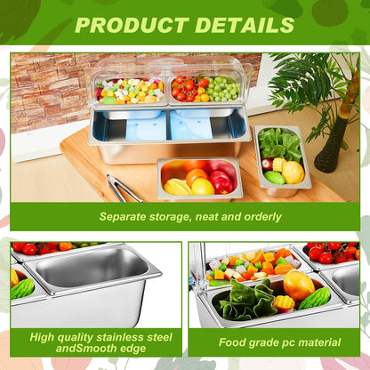 Condiment Tray Stainless Steel Serving Display Set with Lid for Buffet Restaurant Kitchen, Food Chilled Container for Salad Fruit Condiments, Keeps Food Fresh with Ice Box(6 Compartments)