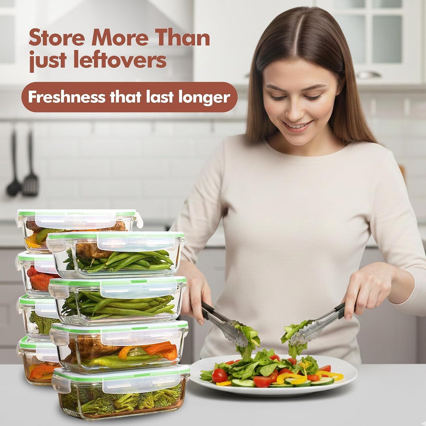 Razab 16 Pc (Set of 8) 30 Oz Glass Meal Prep Containers with Lids, Airtight Large Glass Food Storage Containers, Reusable Leak Proof BPA Free, Freezer to Oven and Dishwasher Safe