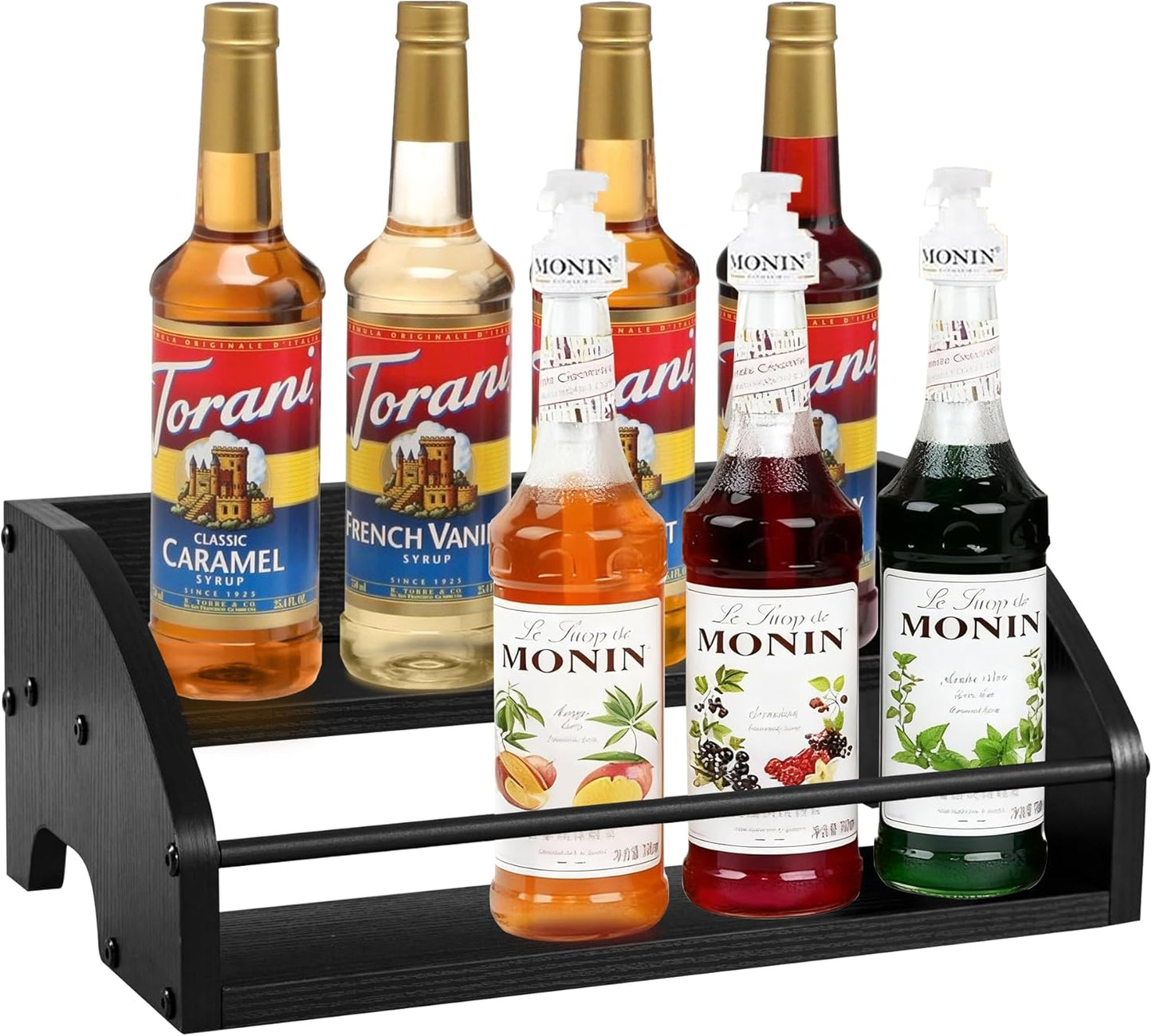 Countertop Liquor Bottle Organizer Shelf, 3-Tier | Rustic Display Rack, For Wine & Coffee Syrups, Freestanding Bar and Kitchen Storage, Easy-Carry Handles