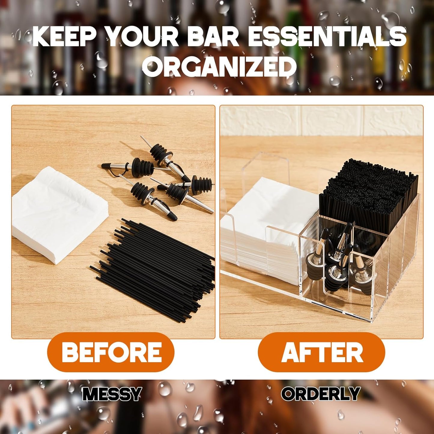 Mifoci Wooden Bar Caddy with 6 Compartments, Acacia Wood Bar Caddy Napkin & Straw Holder Organizer Cocktail Napkin Holder Condiments for Home Office Kitchen Countertop (Brown, 10.6 L x 5.5 W)
