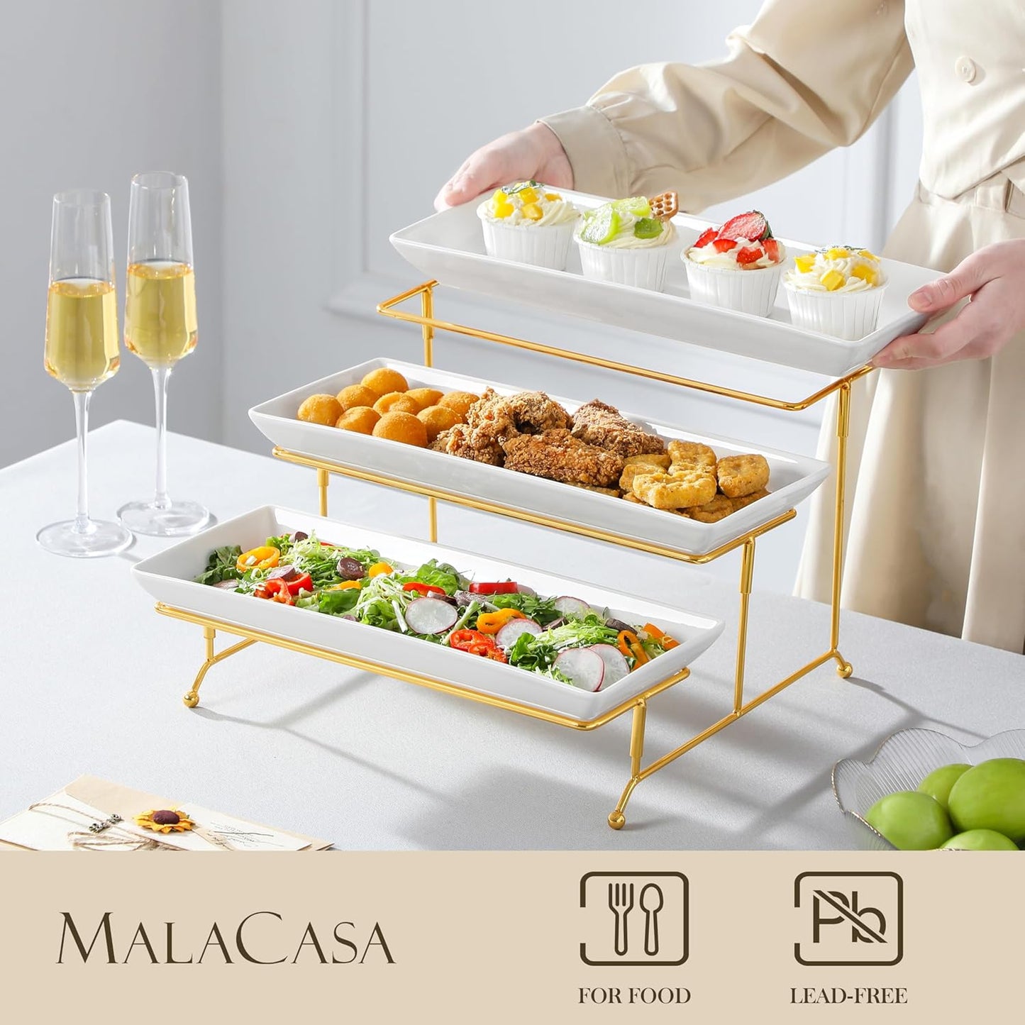 MALACASA 3 Tier Serving Trays for Party, Porcelain Serving Platters and Trays, 12 Inch Tiered Tray Stand, Fruit Tray, Trays for Serving Food, White Dessert Stand with Collapsible Sturdier Metal Rack