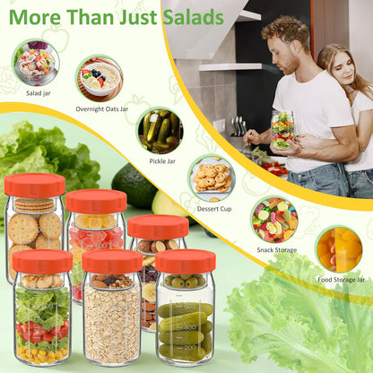 4Pack Glass Salad Jars with Lids, 32oz Salads Mason Jars with Wet/Dry Separation Cup, Meal Prep Salad Containers for Lunch, Leakproof Wide Mouth Food Storage Containers, BPA-Free Reusable (Orange)