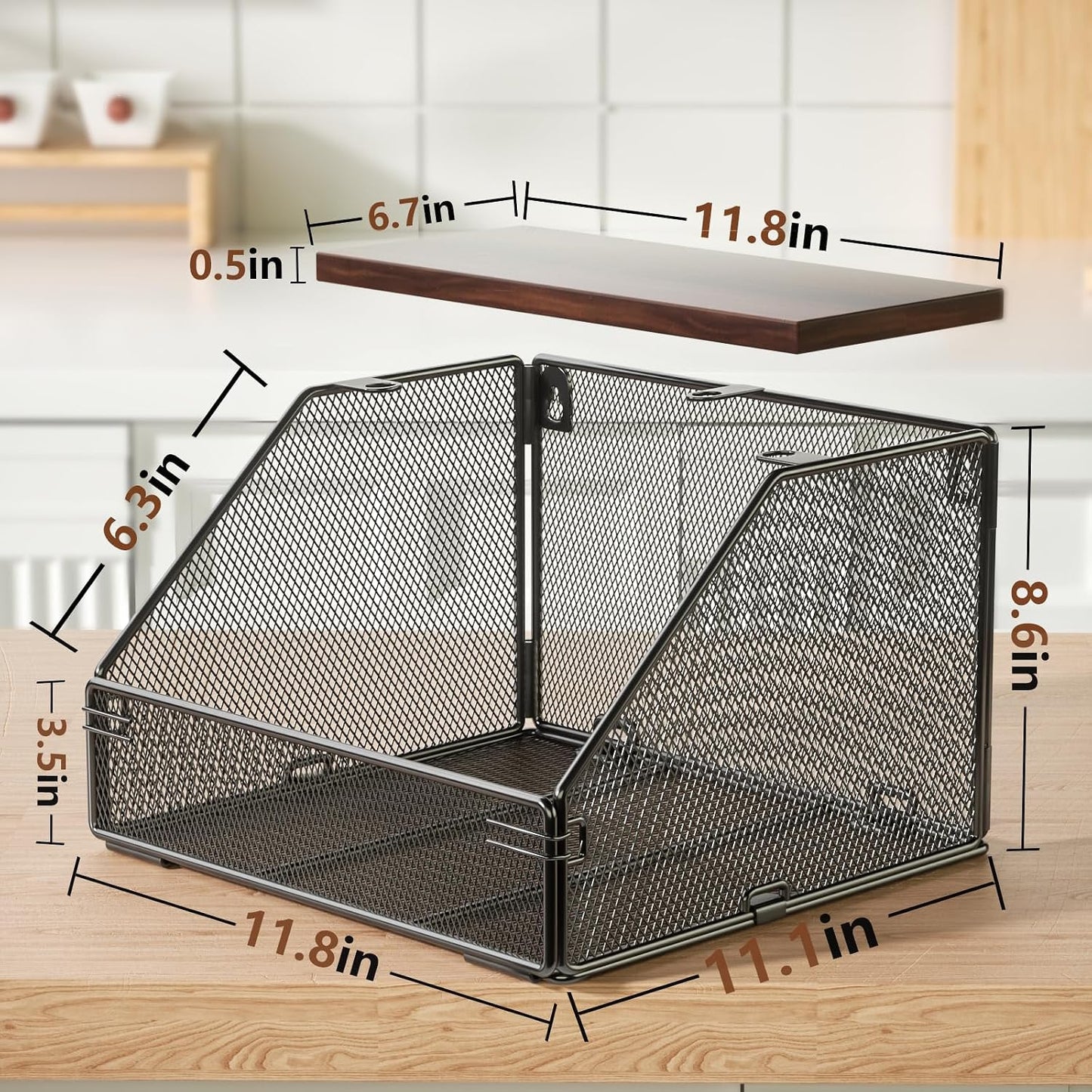Stackable Fruit Basket for Kitchen Countertop Space Saving, Wall Mounted Mesh Metal Wire Baskets with Wood Lid Extra Storage, 2 Pack Kitchen Counter Organizer for Snack, Onion and Potato Storage